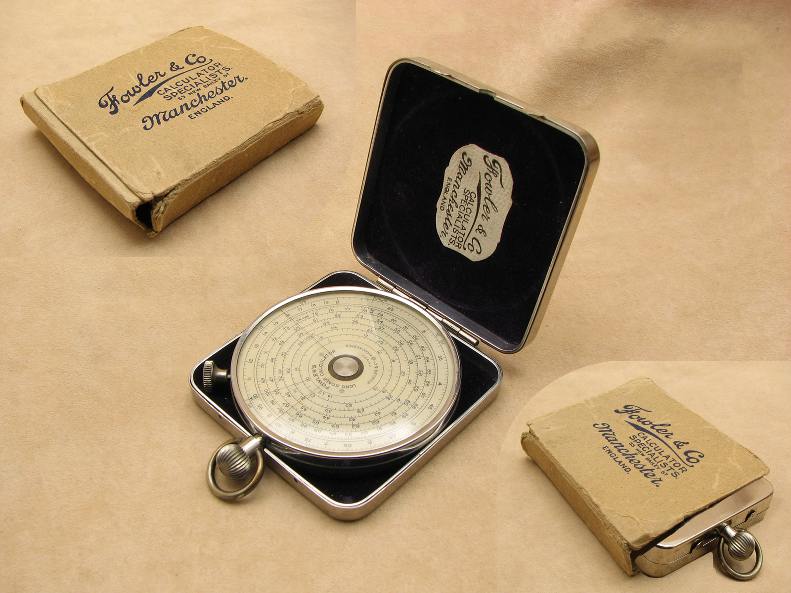 1930's Fowler's double sided Long scale pocket calculator in nickel case